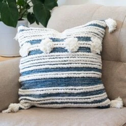Blue And White Hand Woven 20 X 20 Inch Decorative Cotton Throw Pillow Cover With Insert And Hand Tied Braiding, Pom-Poms And Tassels - Foreside Home &