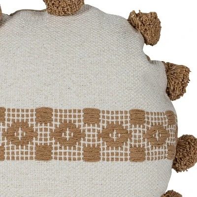 Tan With Pom Poms 16X16 Hand Woven Filled Round Pillow - Foreside Home & Garden 4 Tan With Pom Poms 16X16 Hand Woven Filled Round Pillow - Foreside Home & Garden - Image 2