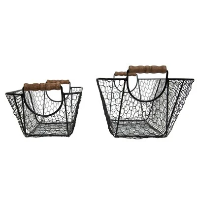 Set Of 2 Oblong Black Metal & Wood Baskets - Foreside Home & Garden 3 Set Of 2 Oblong Black Metal & Wood Baskets - Foreside Home & Garden