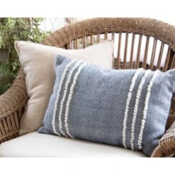Blue Hand Woven Outdoor Decorative Throw Pillow With Pulled Curly Yarn Accents - Foreside Home & Garden -Decor Home Life Store GUEST 29a7b502 29d4 4bf0 858b b7414c83b563