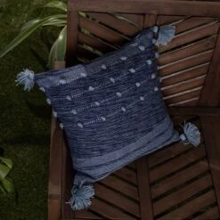 Blue With Corner Tassels 18X18 Hand Woven Filled Outdoor Pillow - Foreside Home & Garden