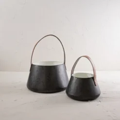 Set Of 2 Handled Baskets Metal & Faux Leather - Foreside Home & Garden