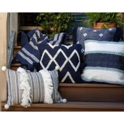 Blue Striped Hand Woven 14x22" Outdoor Decorative Throw Pillow With Hand Tied Tassels And Pom Poms - Foreside Home & Garden -Decor Home Life Store GUEST 3a2dde9f 8f03 4f43 b716 fe0dc0636777