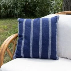 18X18 Inch Hand Woven Navy & Blue Striped Outdoor Pillow Polyester With Polyester Fill By Foreside Home & Garden