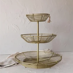 3-Tiered Basket Riser Brass Metal With Jute Tassel By Foreside Home & Garden