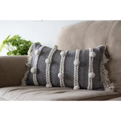 Gray Striped Hand Woven 14x22" Cotton Decorative Throw Pillow With Hand Tied Fringe And Pom Poms - Foreside Home & Garden -Decor Home Life Store GUEST 587d3725 4f6e 4554 b89c 6e26fb7e9993