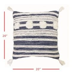 Blue And White Hand Woven 20 X 20 Inch Decorative Cotton Throw Pillow Cover With Insert And Hand Tied Braiding, Pom-Poms And Tassels - Foreside Home & -Decor Home Life Store GUEST 6413d10e 776b 40b9 af35 fe14b2f0e0f7