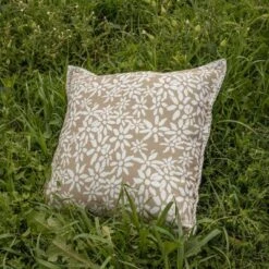 18X18 Inch Hand Woven Floral Outdoor Pillow Tan Polyester With Polyester Fill By Foreside Home & Garden