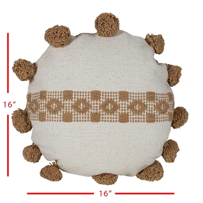 Tan With Pom Poms 16X16 Hand Woven Filled Round Pillow - Foreside Home & Garden 6 Tan With Pom Poms 16X16 Hand Woven Filled Round Pillow - Foreside Home & Garden - Image 4