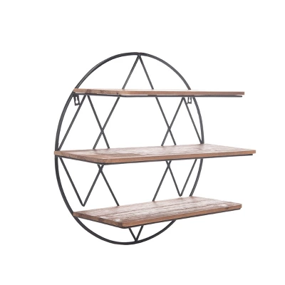 Round 20.25 Inch Diameter Three Tier Wood And Metal Hanging Wall Shelf - Foreside Home & Garden 4 Round 20.25 Inch Diameter Three Tier Wood And Metal Hanging Wall Shelf - Foreside Home & Garden - Image 2