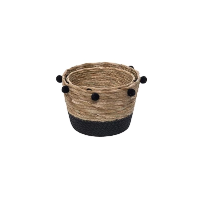 Set Of 2 Natural Cattail Decorative Storage Baskets With Pom Poms - Foreside Home & Garden 3 Set Of 2 Natural Cattail Decorative Storage Baskets With Pom Poms - Foreside Home & Garden