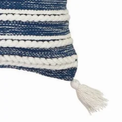 Blue And White Hand Woven 20 X 20 Inch Decorative Cotton Throw Pillow Cover With Insert And Hand Tied Braiding, Pom-Poms And Tassels - Foreside Home & -Decor Home Life Store GUEST 8bb168da b43a 4ce5 91bb fd31f13bfbad