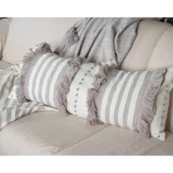 Oversized 14x36" Decorative Cotton Lumbar Throw Pillow With Knotted Accent And Hand Tied Fringe - Foreside Home & Garden -Decor Home Life Store GUEST b65960ed f830 4c9a 9bd0 8700d5331934