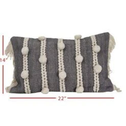 Gray Striped Hand Woven 14x22" Cotton Decorative Throw Pillow With Hand Tied Fringe And Pom Poms - Foreside Home & Garden -Decor Home Life Store GUEST d96f0ff8 548f 41de ba5e 9c0c8fccc2c6