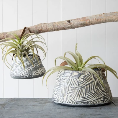 Set Of 2 Rustic Whitewashed Pattern Galvanized Metal Decorative Storage Baskets With Faux Leather Handles - Foreside Home And Garden 4 Set Of 2 Rustic Whitewashed Pattern Galvanized Metal Decorative Storage Baskets With Faux Leather Handles - Foreside Home And Garden - Image 2