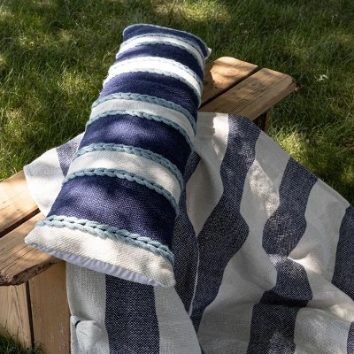 12X46 Inch Hand Woven Navy, Light Blue & White Striped Outdoor Pillow Polyester With Polyester Fill By Foreside Home & Garden 3 12X46 Inch Hand Woven Navy, Light Blue & White Striped Outdoor Pillow Polyester With Polyester Fill By Foreside Home & Garden