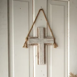 White-washed Cross Hanging Accent Wood & Rope - Foreside Home & Garden