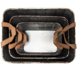 Set Of 3 Rustic Whitewashed Pattern Galvanized Metal Decorative Storage Bins With Faux Leather Handles - Foreside Home And Garden -Decor Home Life Store GUEST f69ee4a3 3163 44f0 ba99 170499ada5be