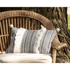 Blue Striped Hand Woven 14x22" Outdoor Decorative Throw Pillow With Hand Tied Tassels And Pom Poms - Foreside Home & Garden -Decor Home Life Store GUEST facf8499 8a56 4f8c 9389 2c1ecd34dc05